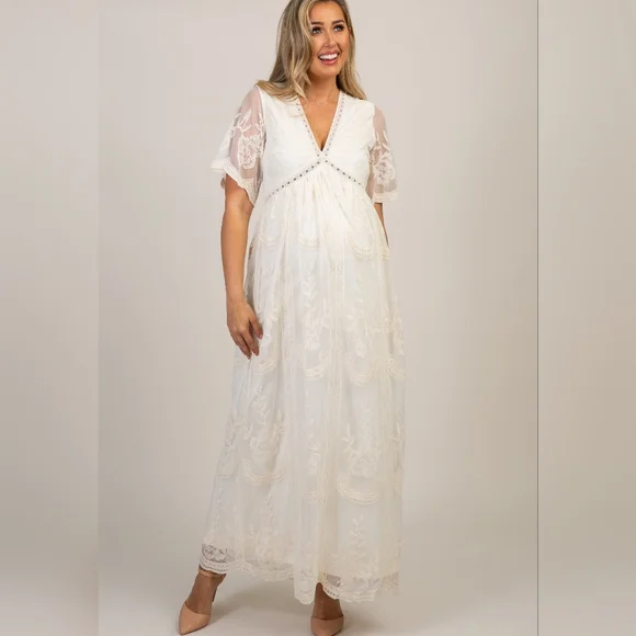 beige lace maternity dress Plus Size Striped Ruffles Boho Maxi Dress Sky Blue / 5XL main image 1